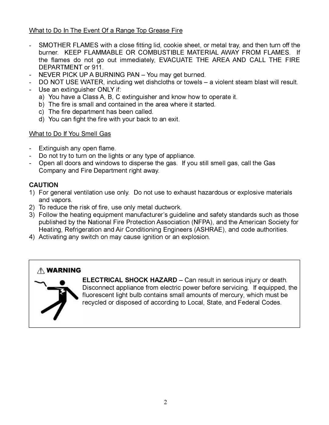 Kobe Range Hoods CX1836GS installation instructions What to Do In The Event Of a Range Top Grease Fire 