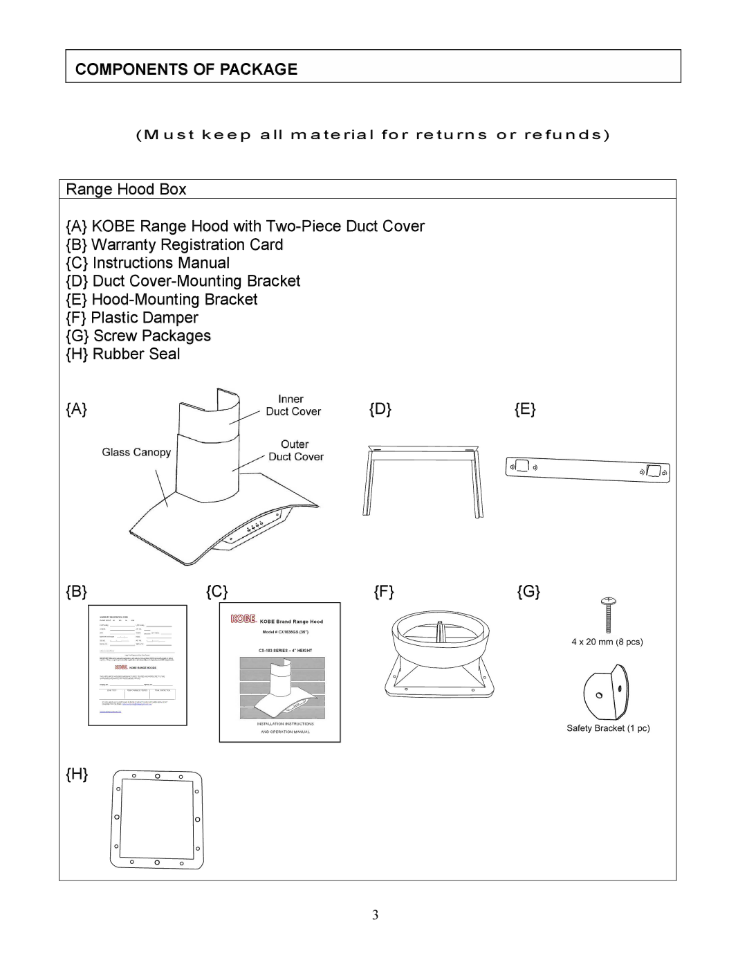 Kobe Range Hoods CX1836GS installation instructions Components of Package 