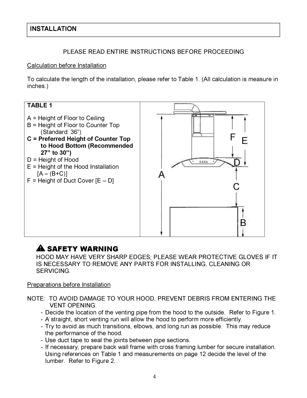 Kobe Range Hoods CX1836GS installation instructions Installation, Please Read Entire Instructions Before Proceeding 