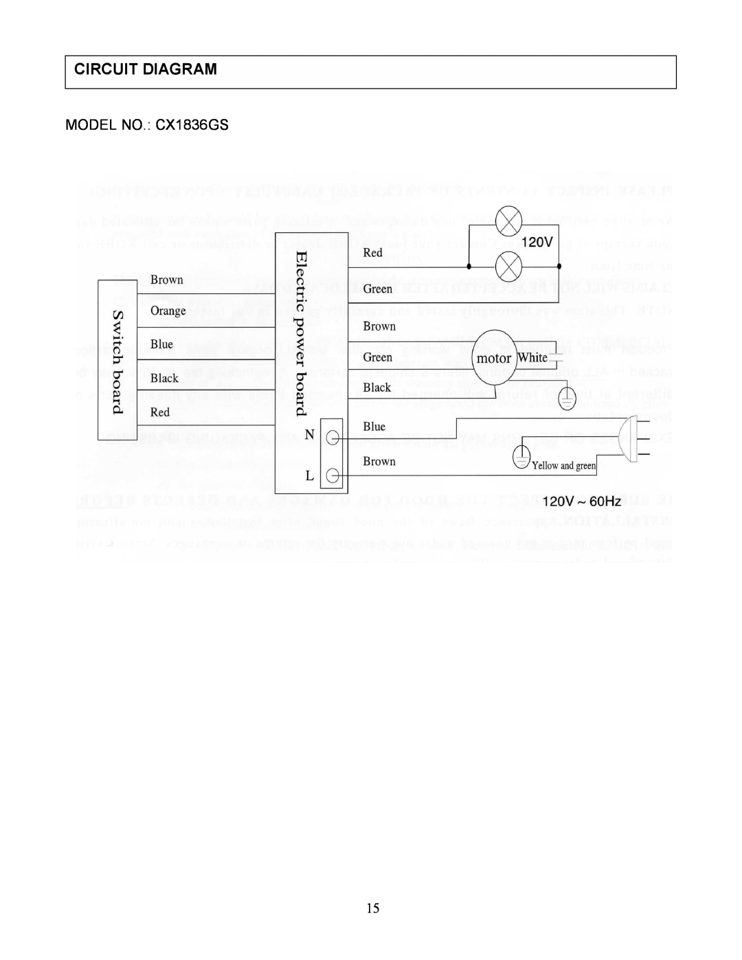 Kobe Range Hoods installation instructions Circuit Diagram, MODEL NO. CX1836GS 
