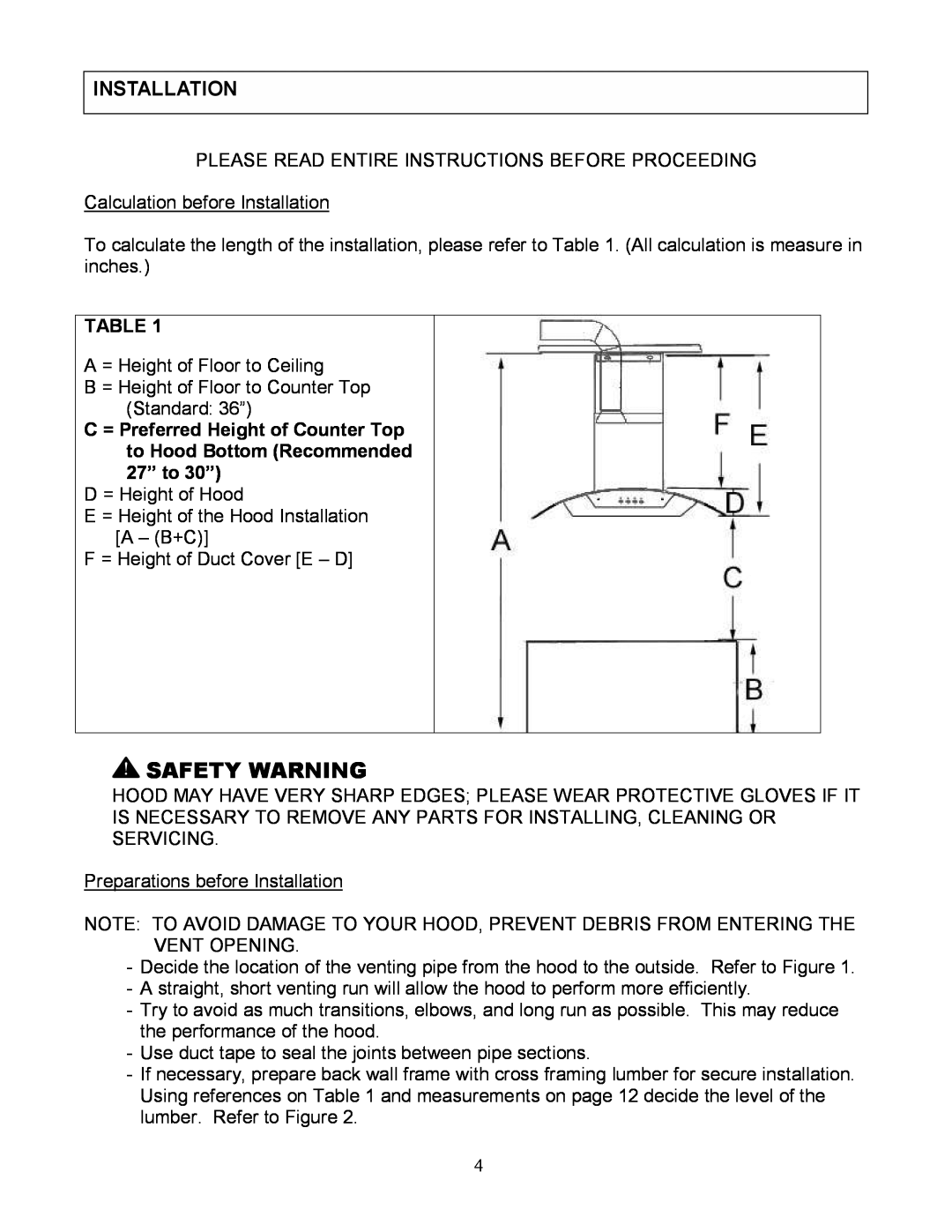 Kobe Range Hoods CX1836GS installation instructions Safety Warning, Installation 
