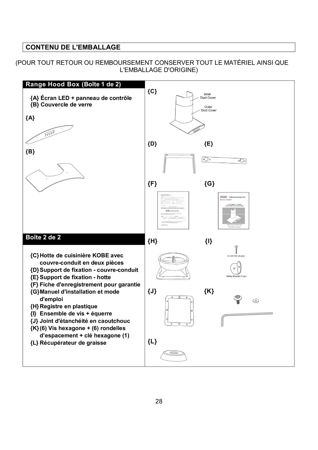 Kobe Range Hoods CX1842GS-8 manual Contenu DE Lemballage, Boîte 2 de 