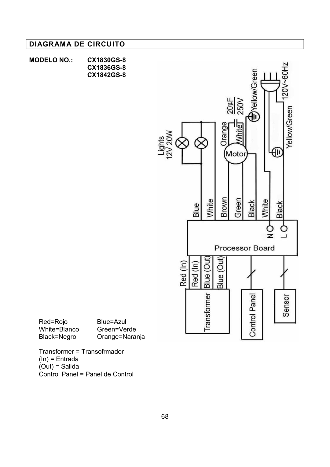 Kobe Range Hoods manual Diagrama DE Circuito, Modelo NO. CX1830GS-8 CX1836GS-8 CX1842GS-8 