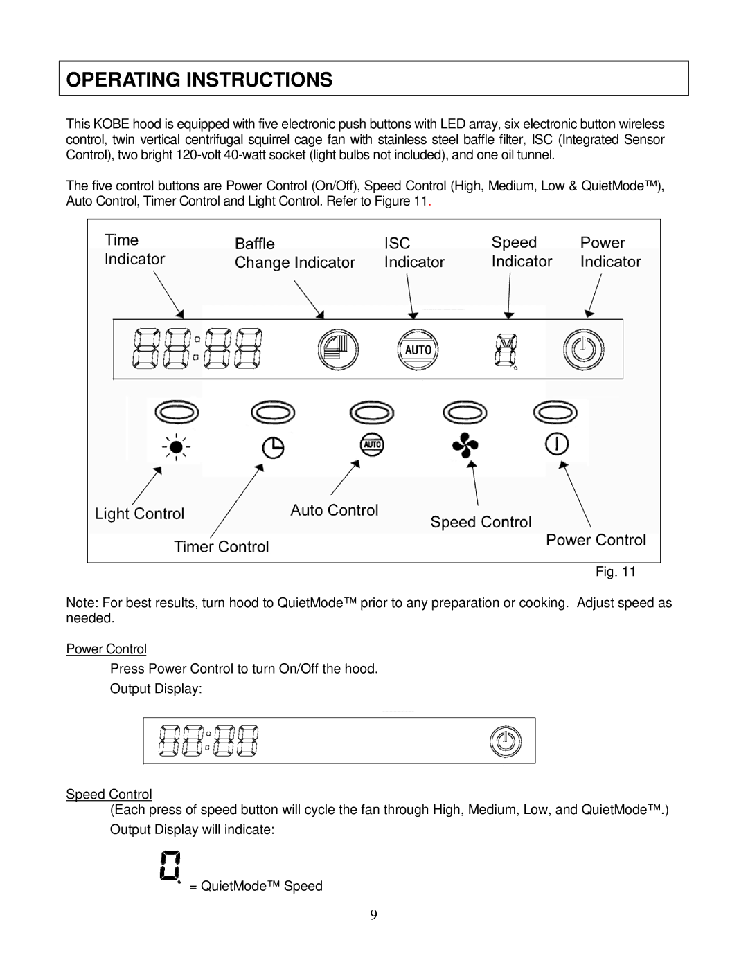 Kobe Range Hoods IN-026 SERIES installation instructions Operating Instructions 