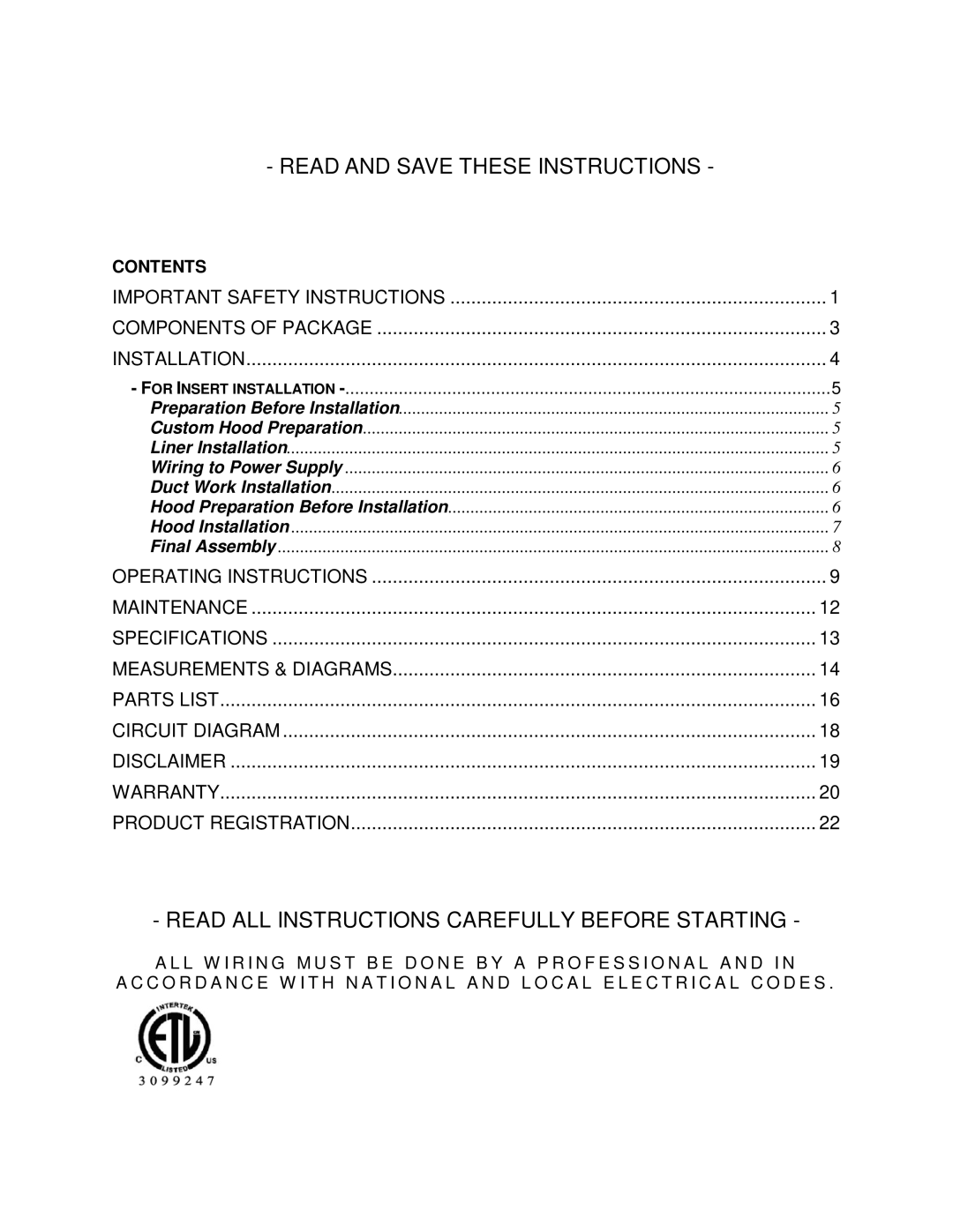 Kobe Range Hoods IN-026 SERIES installation instructions Read and Save These Instructions, Contents 