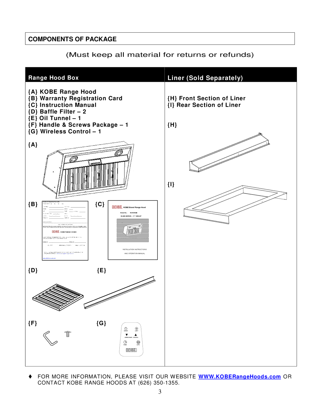 Kobe Range Hoods IN-026 SERIES installation instructions Components of Package, Liner Sold Separately 