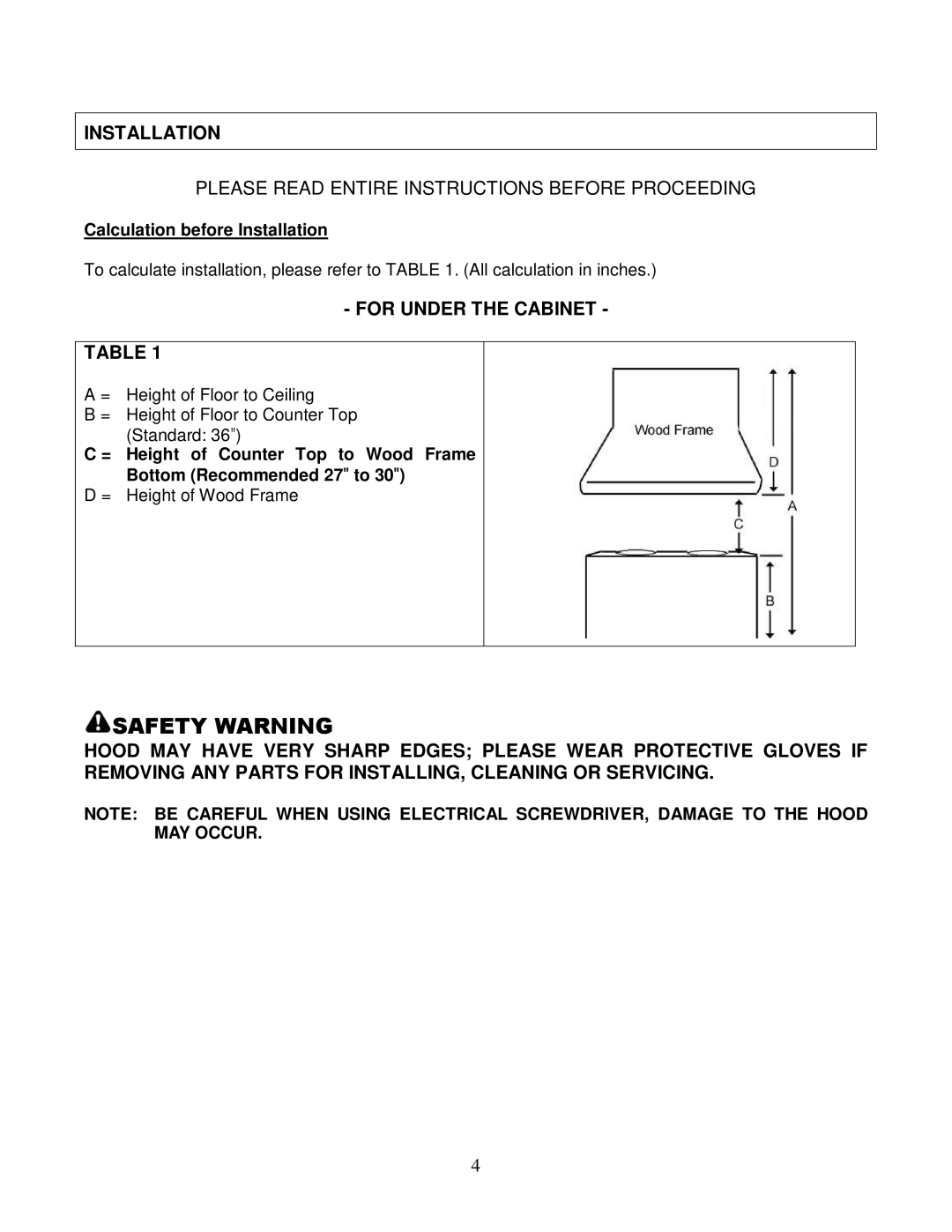 Kobe Range Hoods IN-026 SERIES installation instructions Installation, For Under the Cabinet 