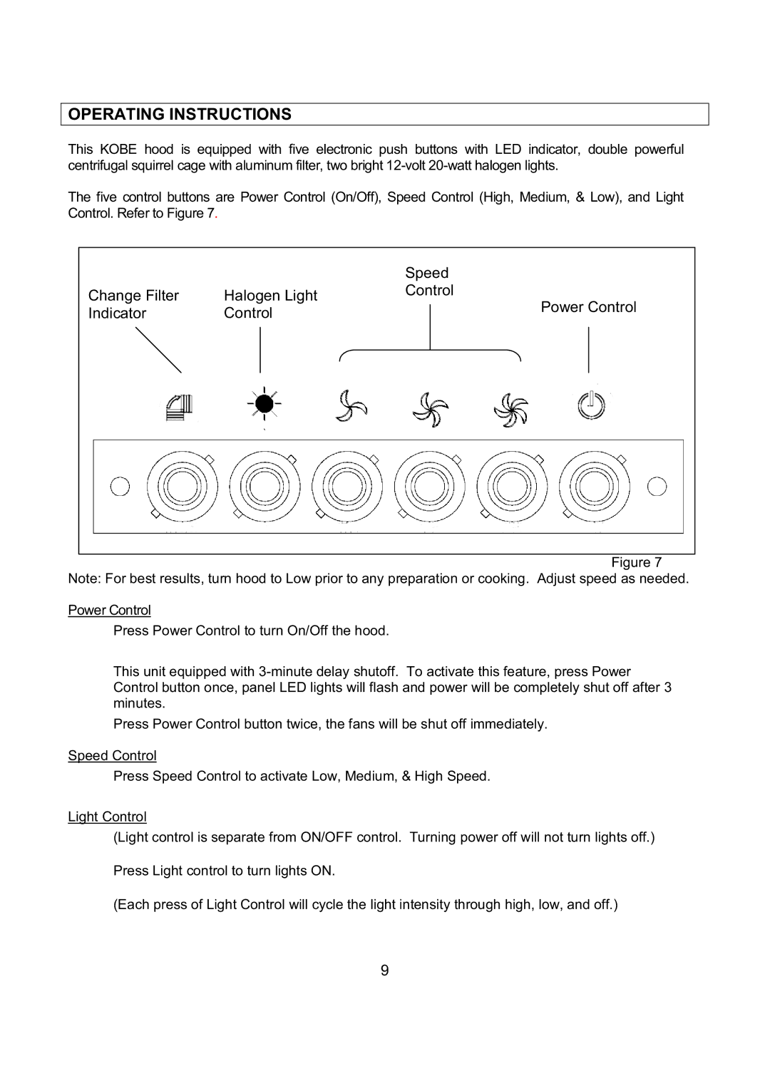 Kobe Range Hoods IN-027 installation instructions Operating Instructions, Indicator Control 