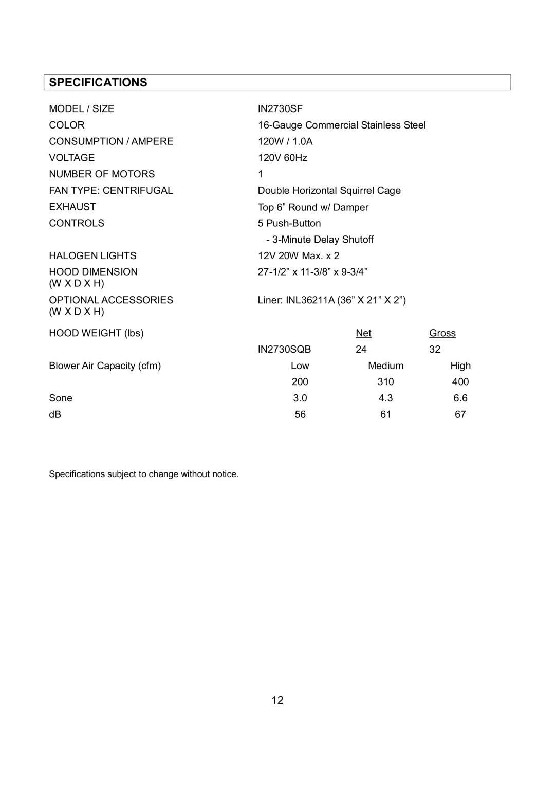 Kobe Range Hoods IN-027 installation instructions Specifications, IN2730SQB 