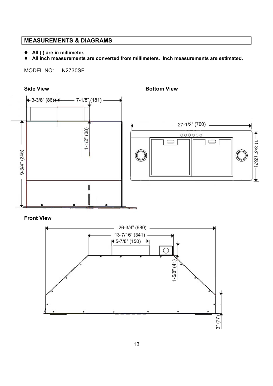 Kobe Range Hoods IN-027 installation instructions Measurements & Diagrams 