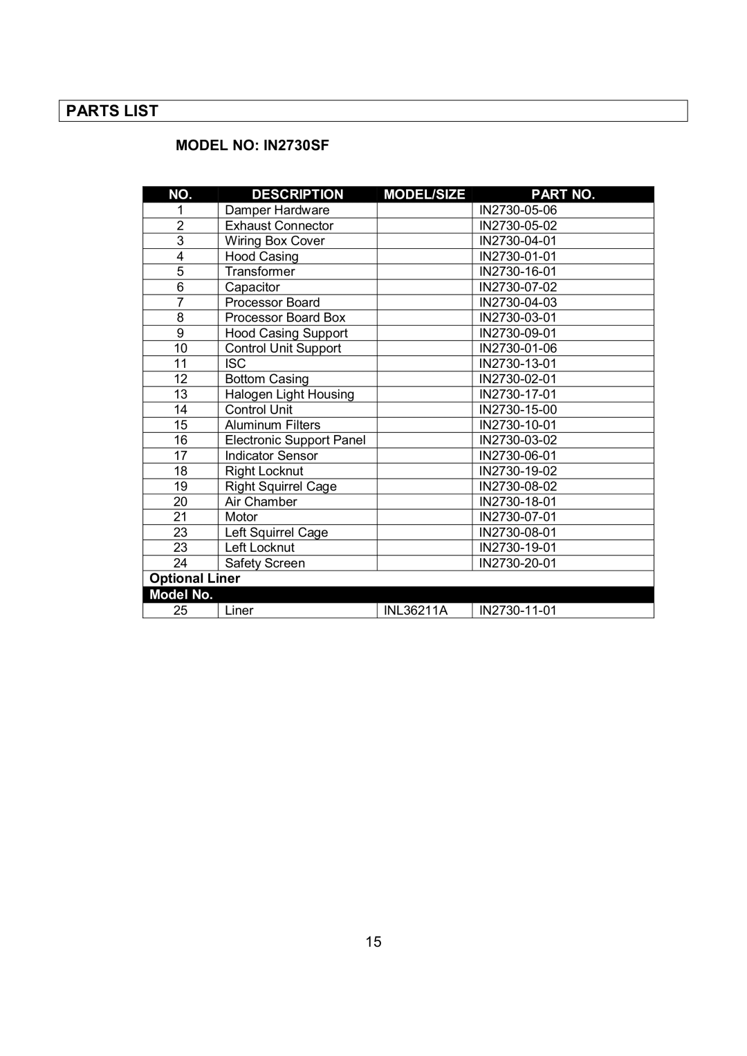 Kobe Range Hoods IN-027 installation instructions Parts List, Model no IN2730SF, Optional Liner 