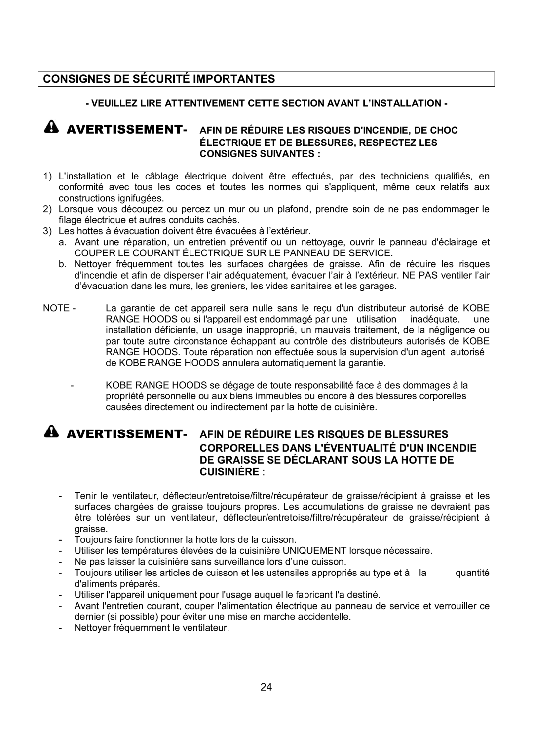 Kobe Range Hoods IN-027 Consignes DE Sécurité Importantes, Couper LE Courant Électrique SUR LE Panneau DE Service 