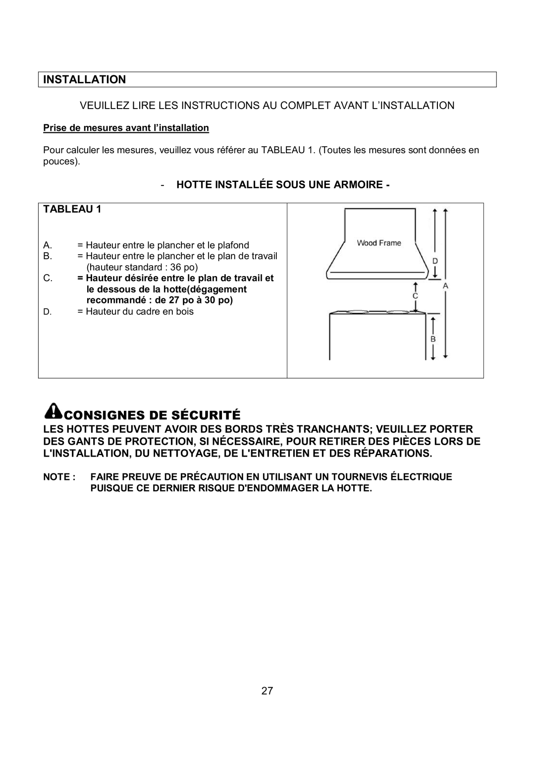 Kobe Range Hoods IN-027 installation instructions Consignes DE Sécurité, Hotte Installée Sous UNE Armoire Tableau 