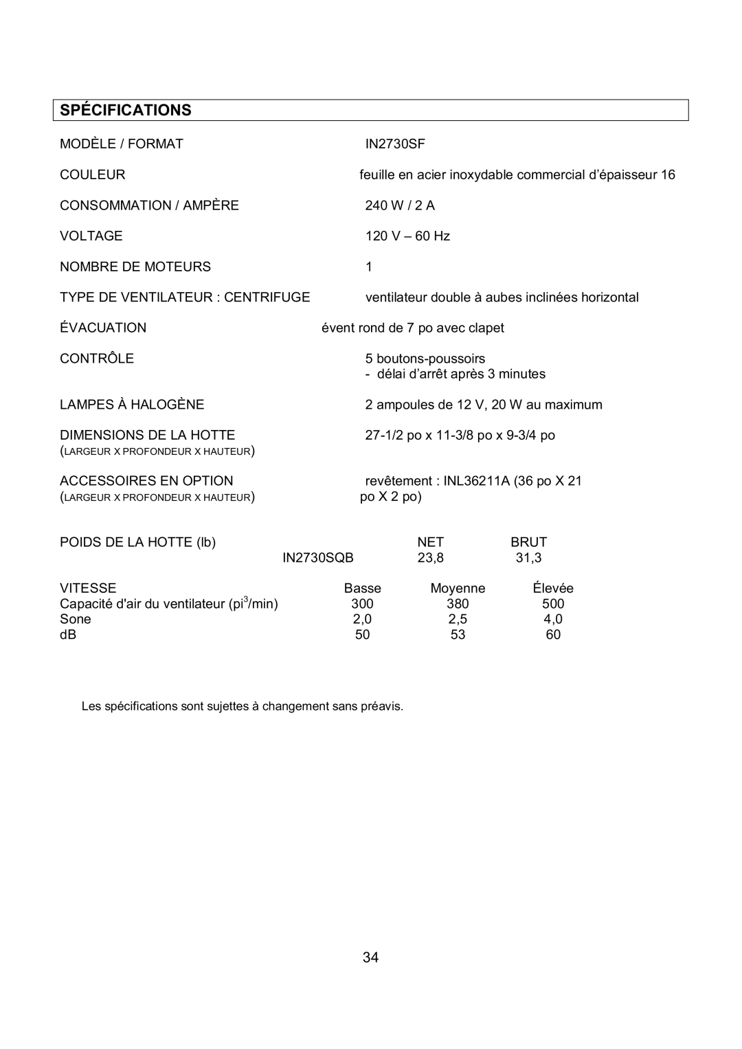 Kobe Range Hoods IN-027 installation instructions Spécifications, Vitesse 