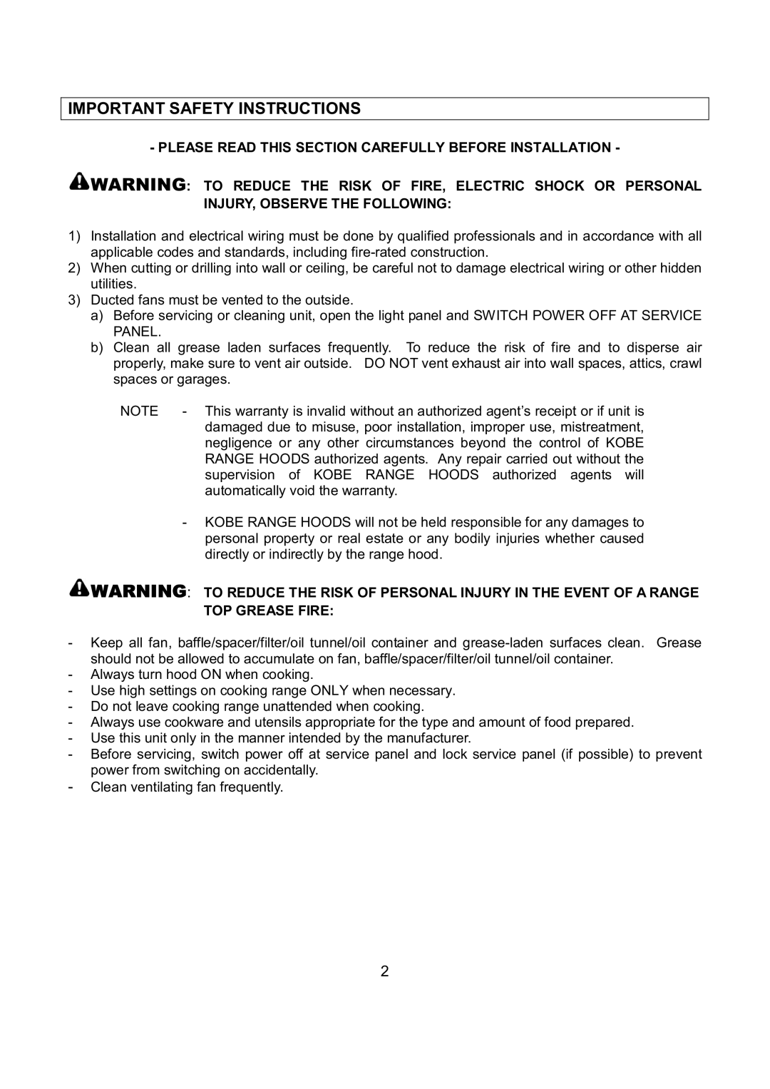 Kobe Range Hoods IN-027 installation instructions Important Safety Instructions, TOP Grease Fire 