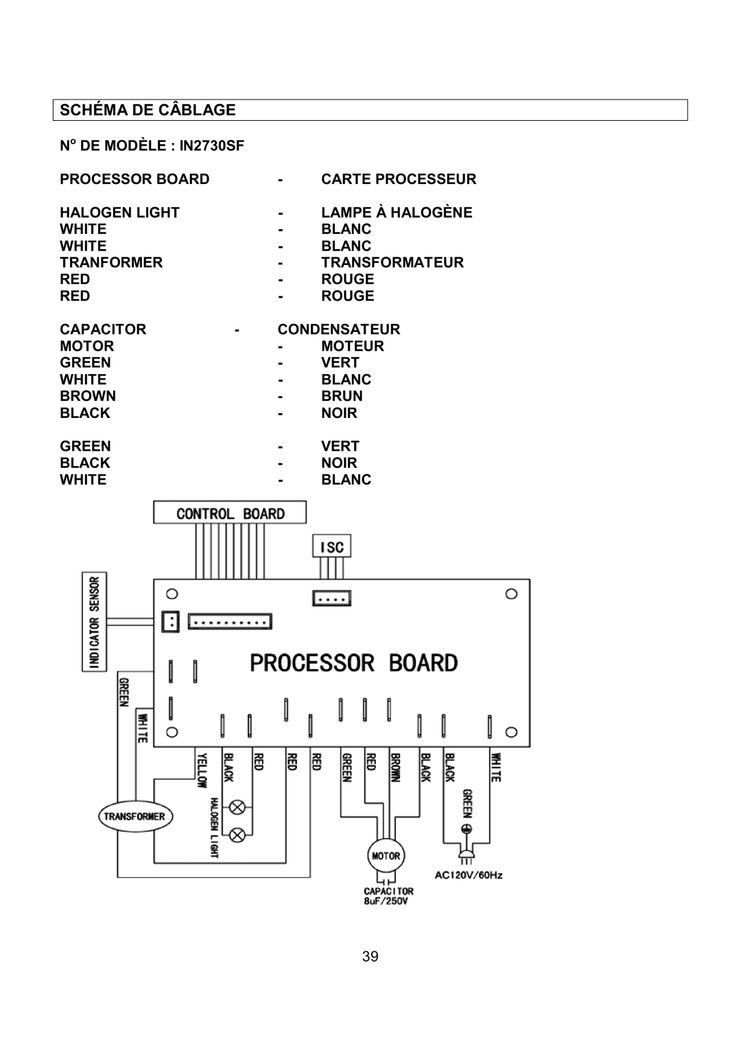 Kobe Range Hoods IN-027 installation instructions Schéma DE Câblage, Processor Board 