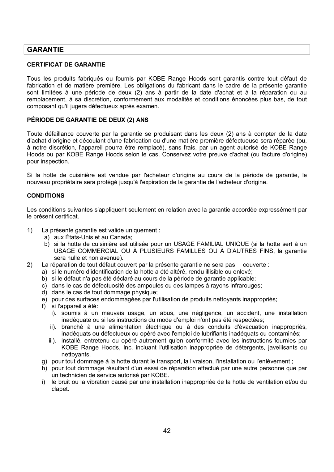 Kobe Range Hoods IN-027 installation instructions Certificat DE Garantie, Période DE Garantie DE Deux 2 ANS 