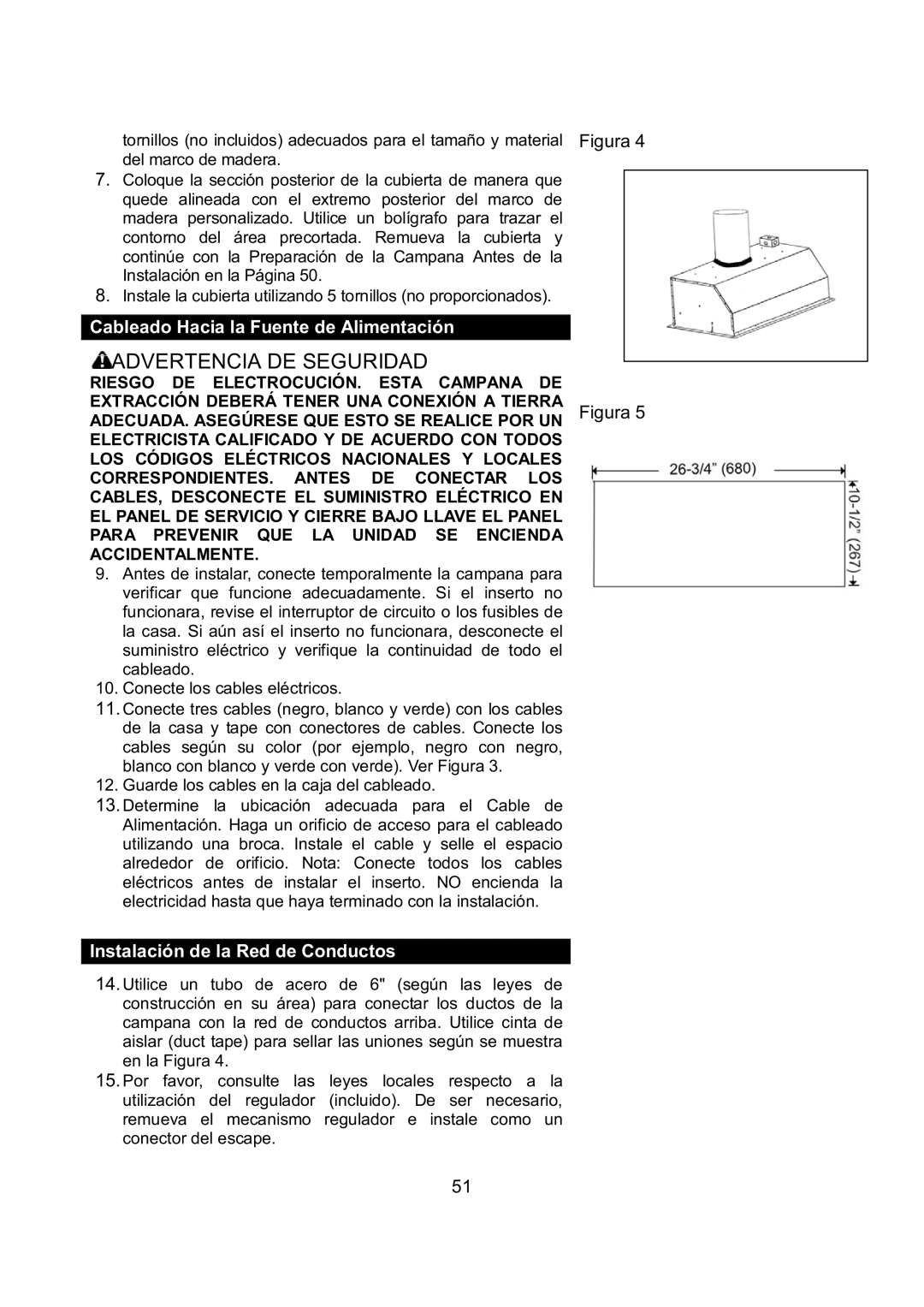 Kobe Range Hoods IN-027 installation instructions Advertencia DE Seguridad, Cableado Hacia la Fuente de Alimentación 