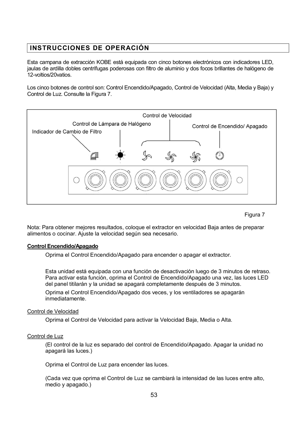 Kobe Range Hoods IN-027 installation instructions Instrucciones DE Operación, Control Encendido/Apagado 