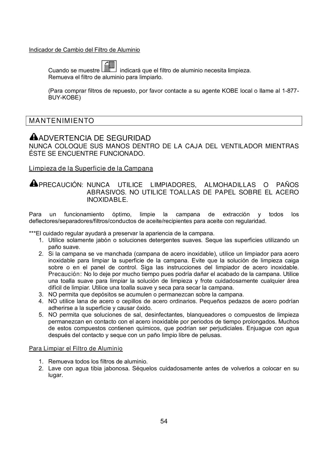 Kobe Range Hoods IN-027 installation instructions Mantenimiento, Para Limpiar el Filtro de Aluminio 