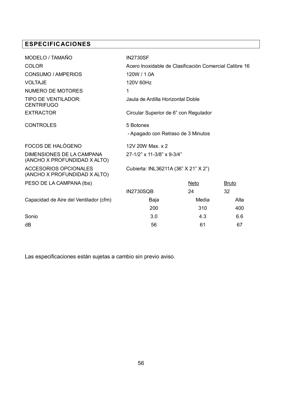 Kobe Range Hoods IN-027 installation instructions Especificaciones 