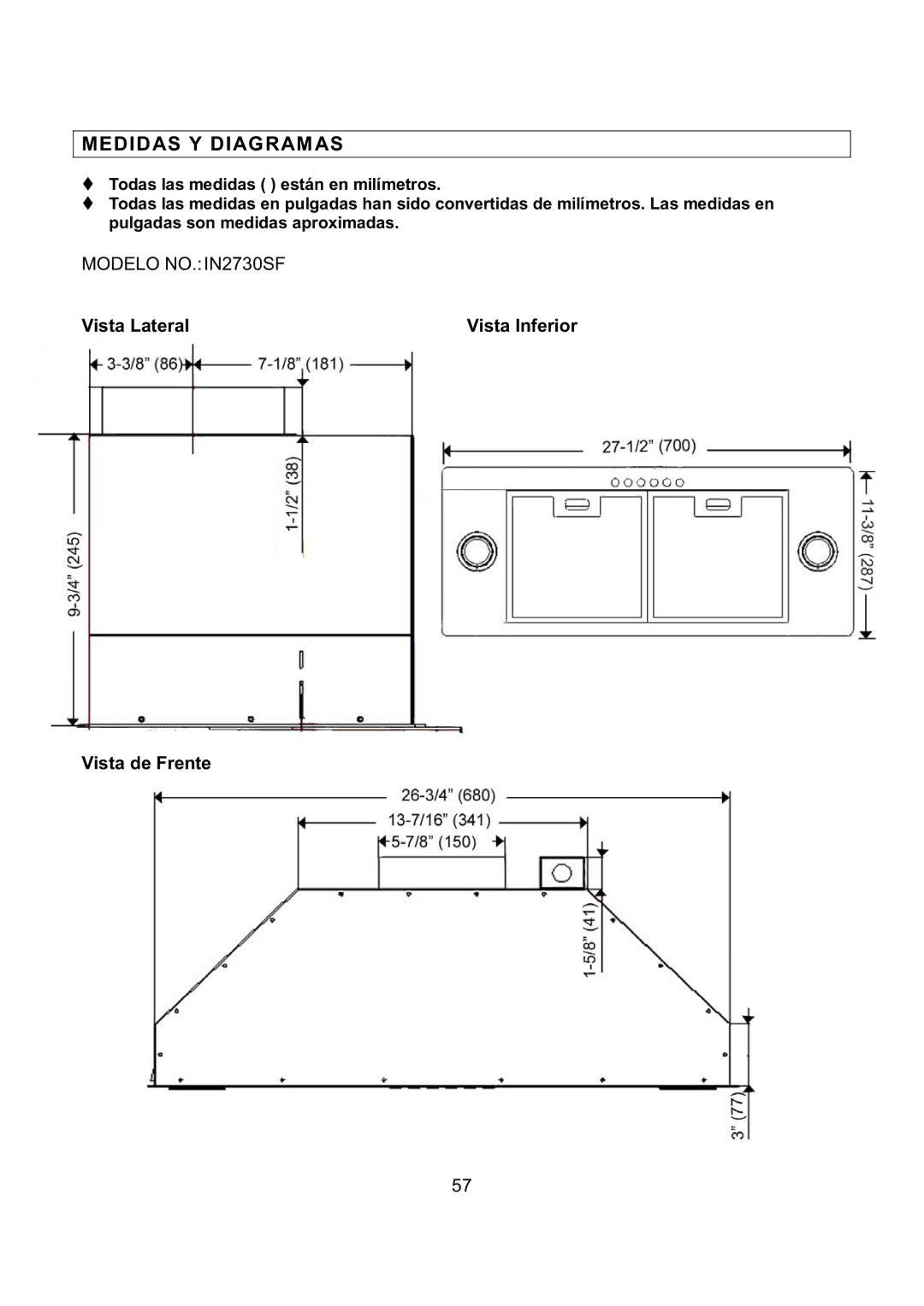 Kobe Range Hoods IN-027 installation instructions Medidas Y Diagramas 