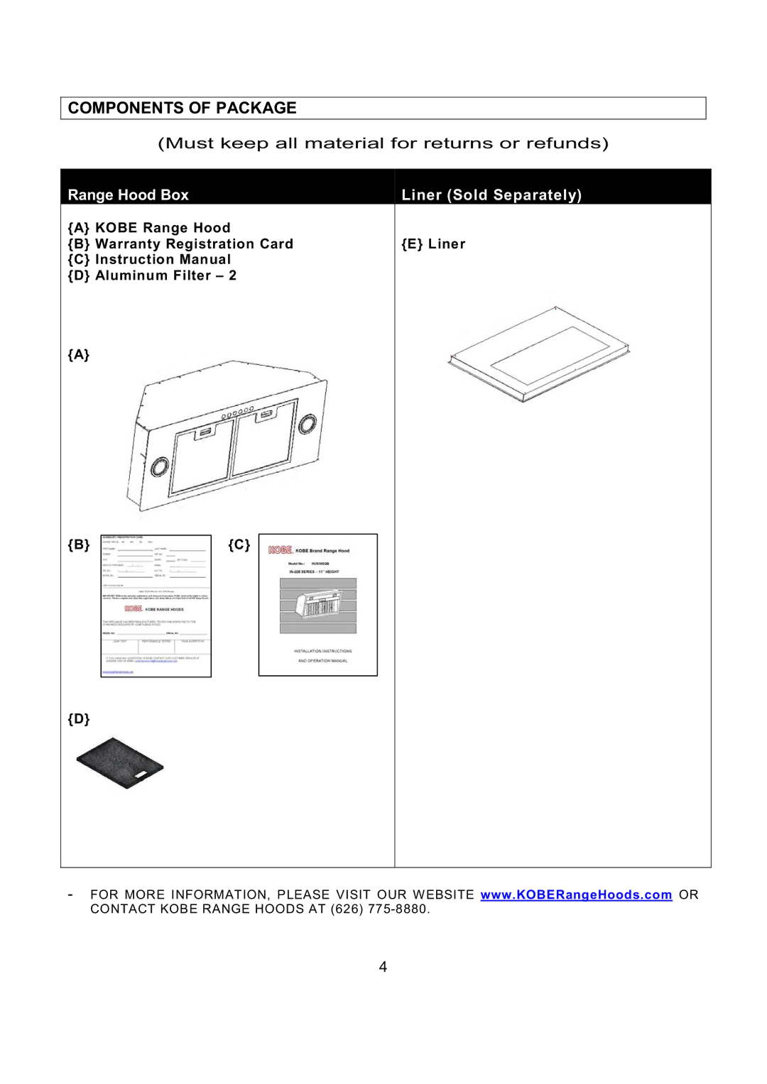 Kobe Range Hoods IN-027 installation instructions Components of Package, Range Hood Box Liner Sold Separately 