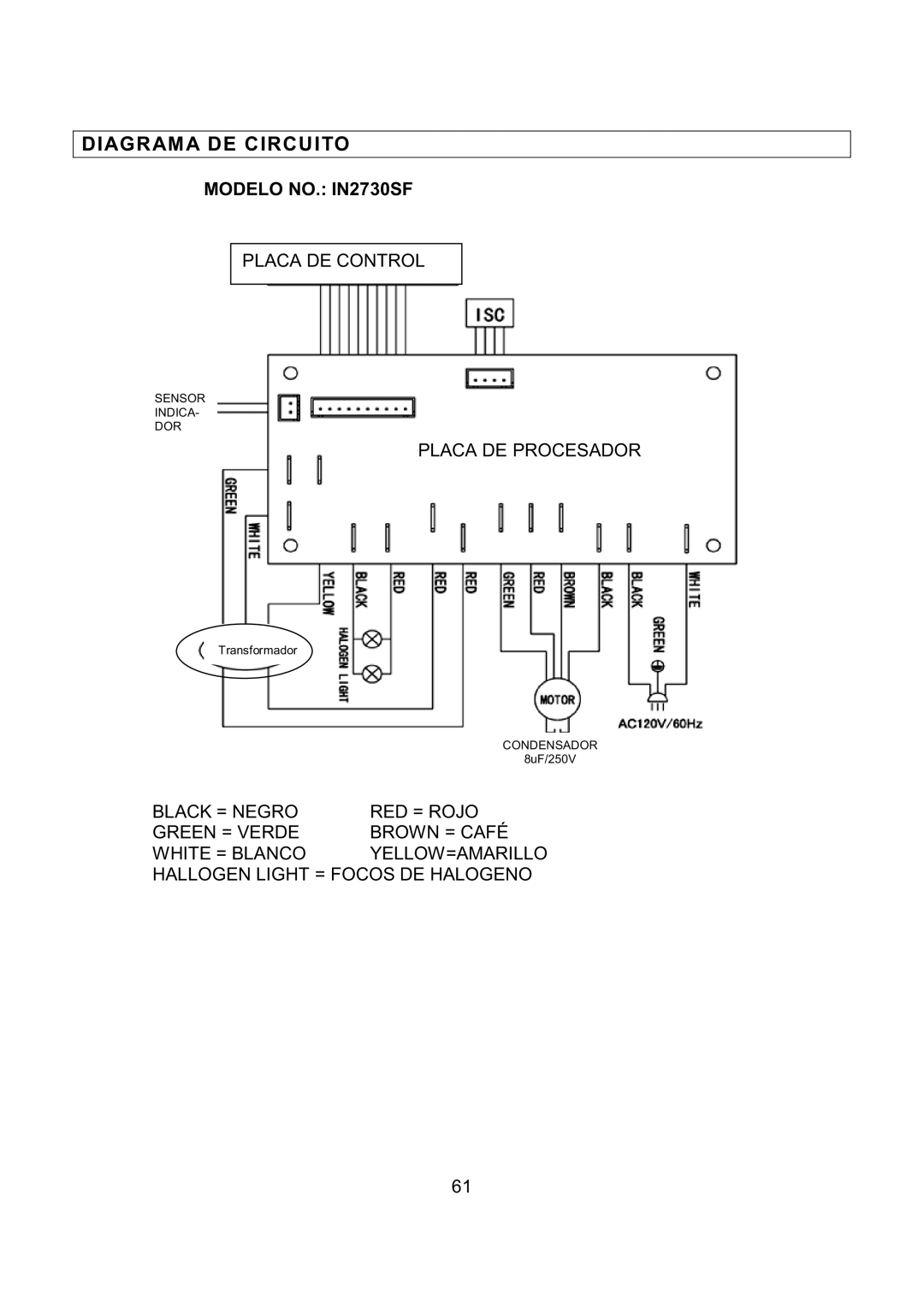 Kobe Range Hoods IN-027 installation instructions Diagrama DE Circuito, Modelo NO. IN2730SF 