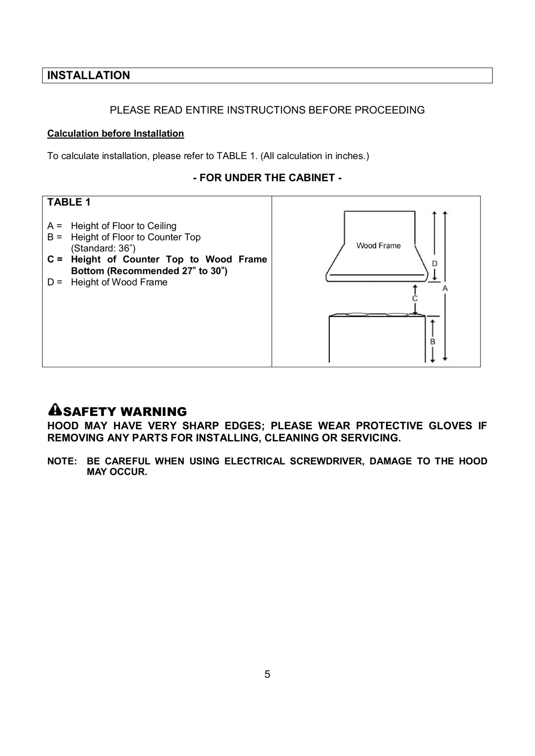 Kobe Range Hoods IN-027 Safety Warning, For Under the Cabinet, Calculation before Installation 