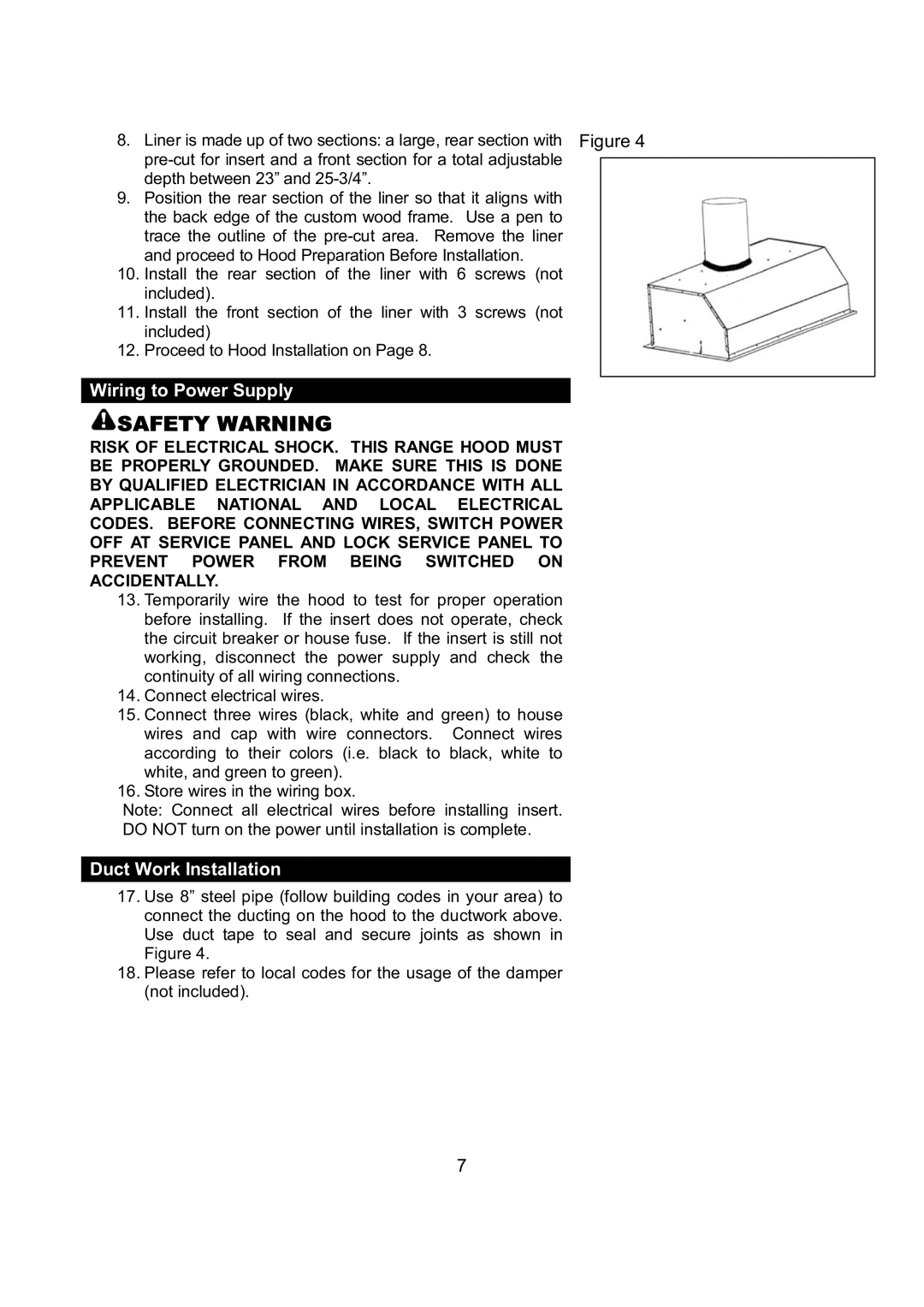 Kobe Range Hoods IN2636SQB-1 installation instructions Wiring to Power Supply, Duct Work Installation 