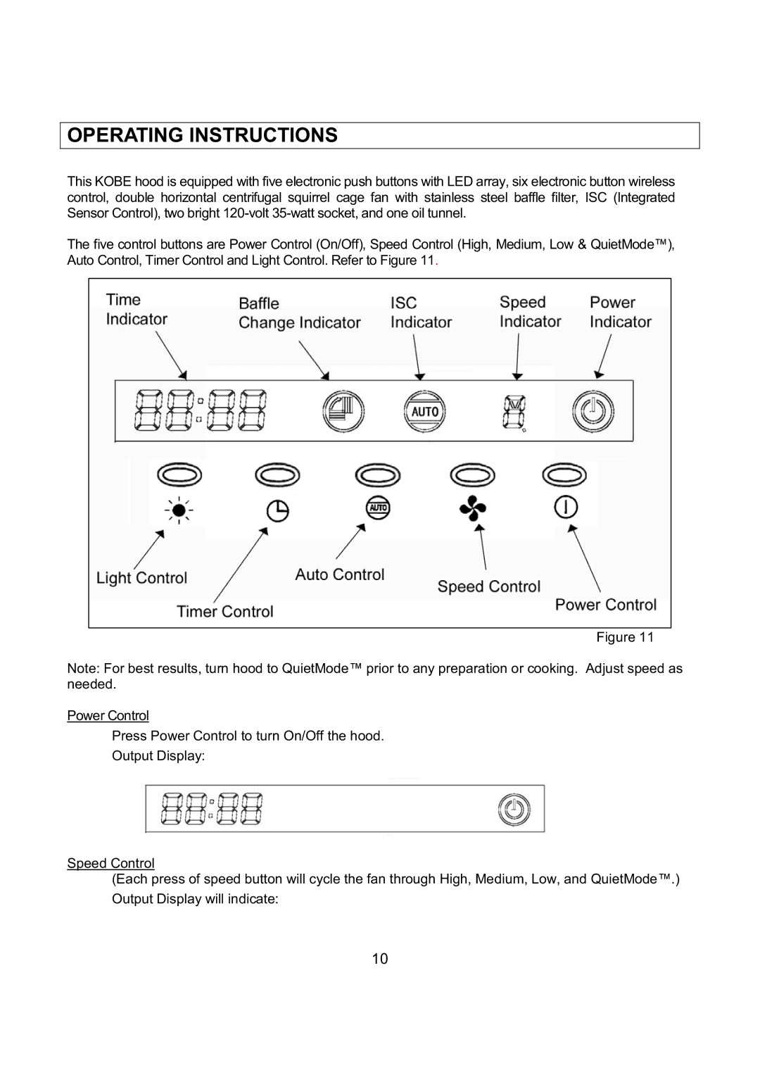 Kobe Range Hoods IN2636SQB-1 installation instructions Operating Instructions 