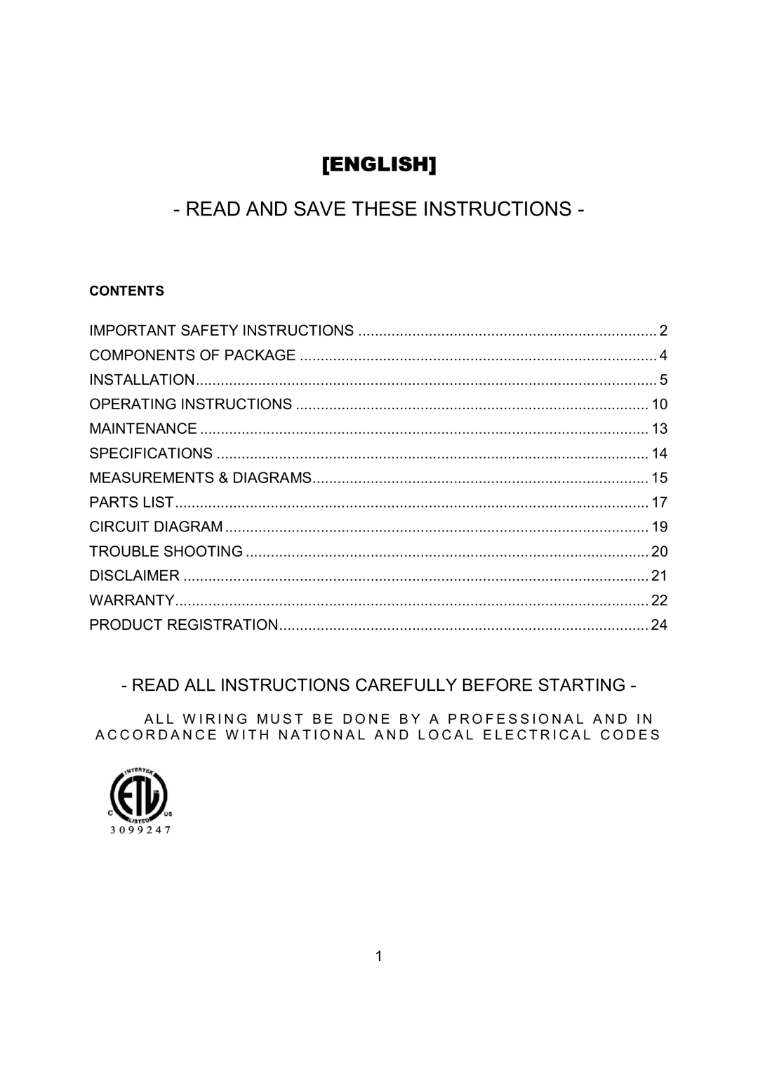 Kobe Range Hoods IN2636SQB-1 installation instructions English Read and Save These Instructions 