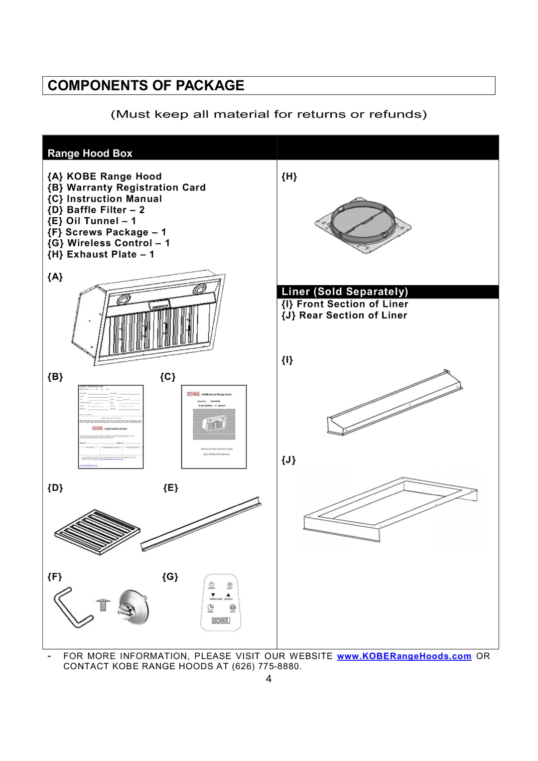 Kobe Range Hoods IN2636SQB-1 installation instructions Components of Package, Range Hood Box, Liner Sold Separately 