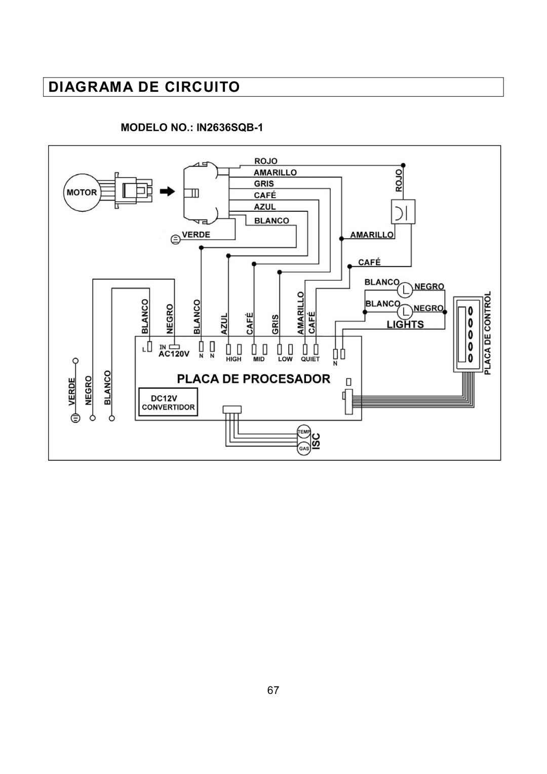 Kobe Range Hoods installation instructions Diagrama DE Circuito, Modelo NO. IN2636SQB-1 