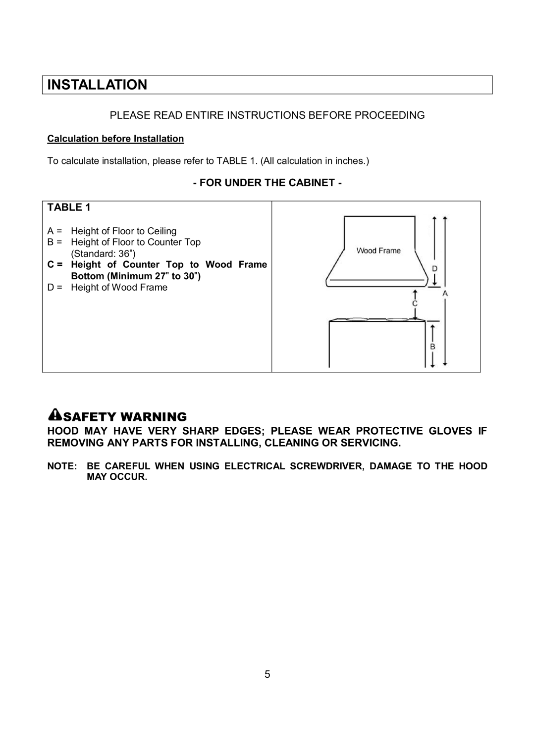 Kobe Range Hoods IN2636SQB-1 installation instructions Installation, For Under the Cabinet 