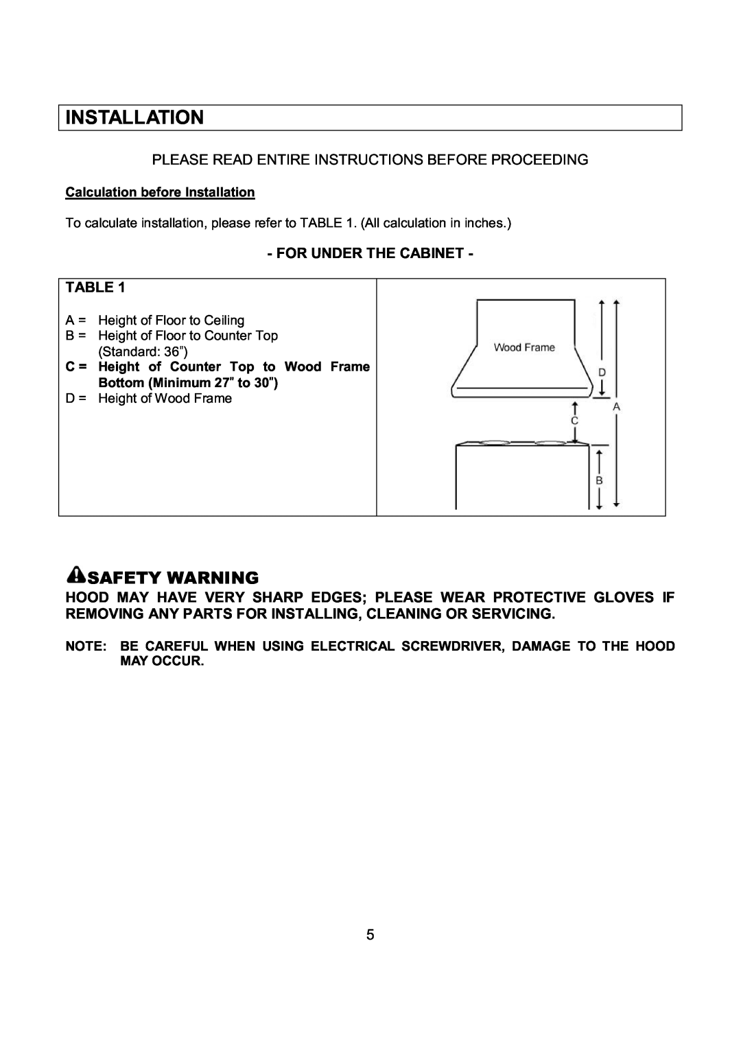 Kobe Range Hoods IN2636SQB-1 Safety Warning, For Under The Cabinet, Calculation before Installation 