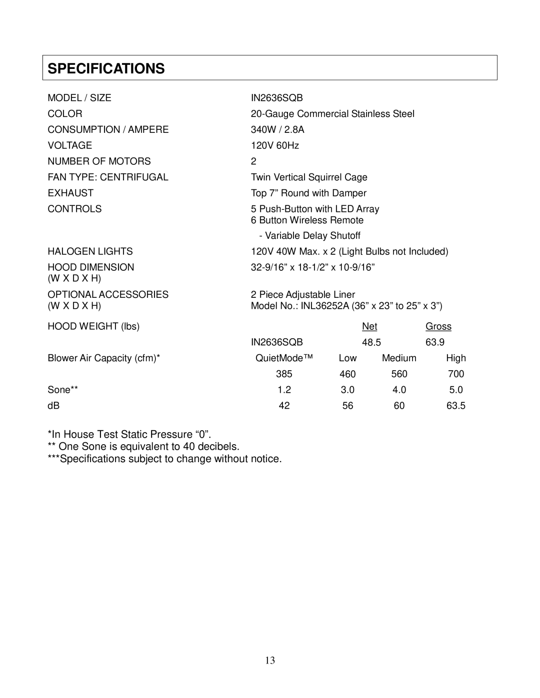 Kobe Range Hoods IN2636SQB manual Specifications, Optional Accessories 