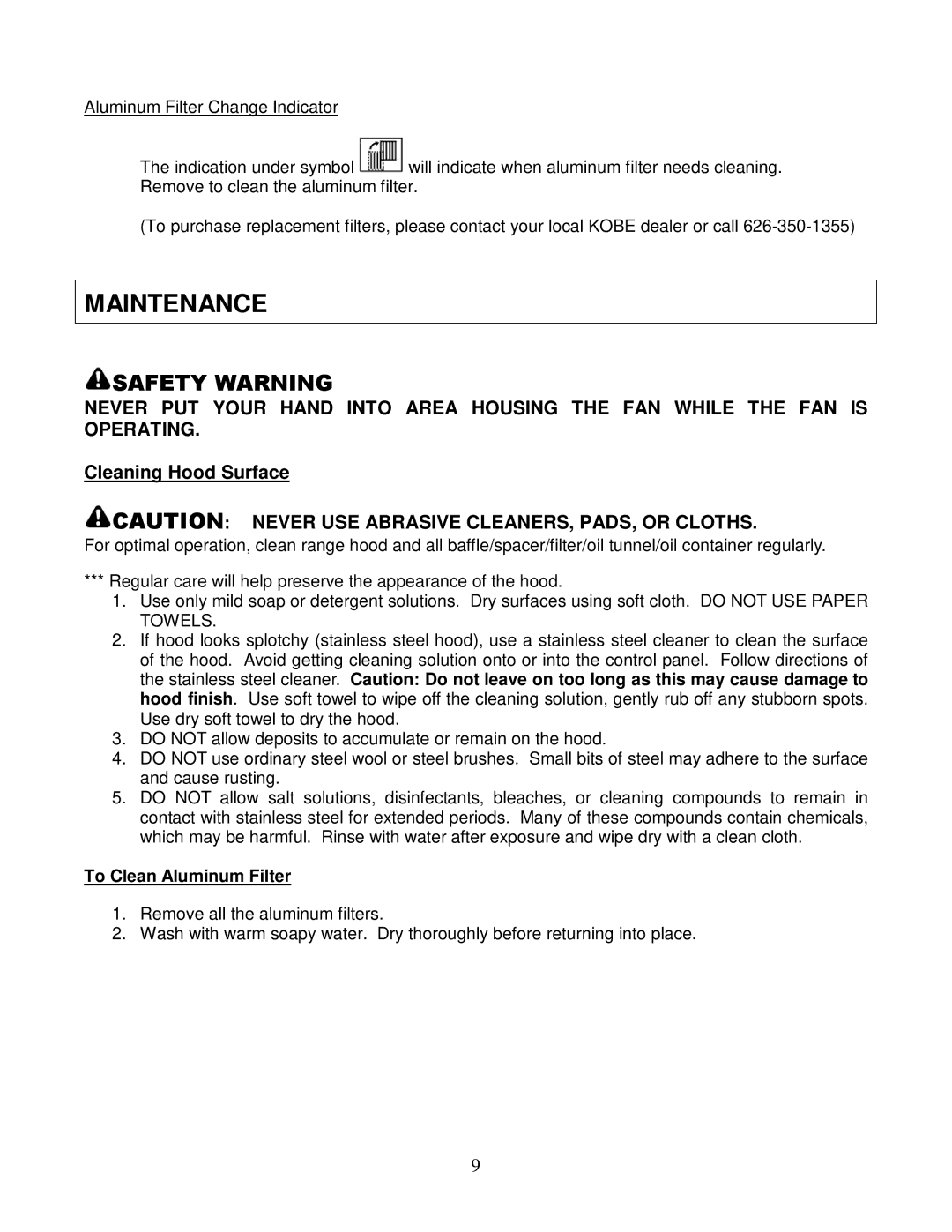 Kobe Range Hoods IN2730SF installation instructions Maintenance, Cleaning Hood Surface 