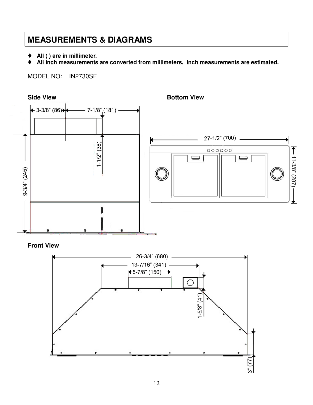 Kobe Range Hoods IN2730SF installation instructions Measurements & Diagrams 