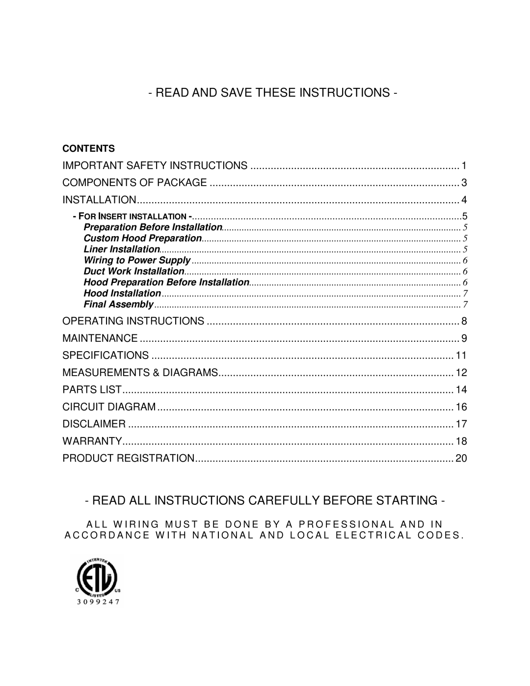 Kobe Range Hoods IN2730SF installation instructions Read and Save These Instructions, Contents 