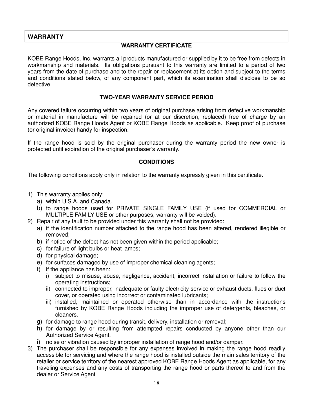 Kobe Range Hoods IN2730SF installation instructions Warranty Certificate, TWO-YEAR Warranty Service Period, Conditions 