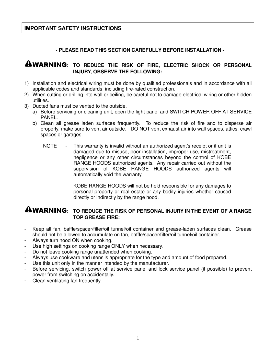 Kobe Range Hoods IN2730SF installation instructions Important Safety Instructions, TOP Grease Fire 