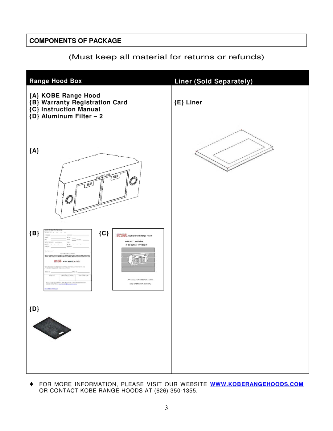 Kobe Range Hoods IN2730SF installation instructions Components of Package 