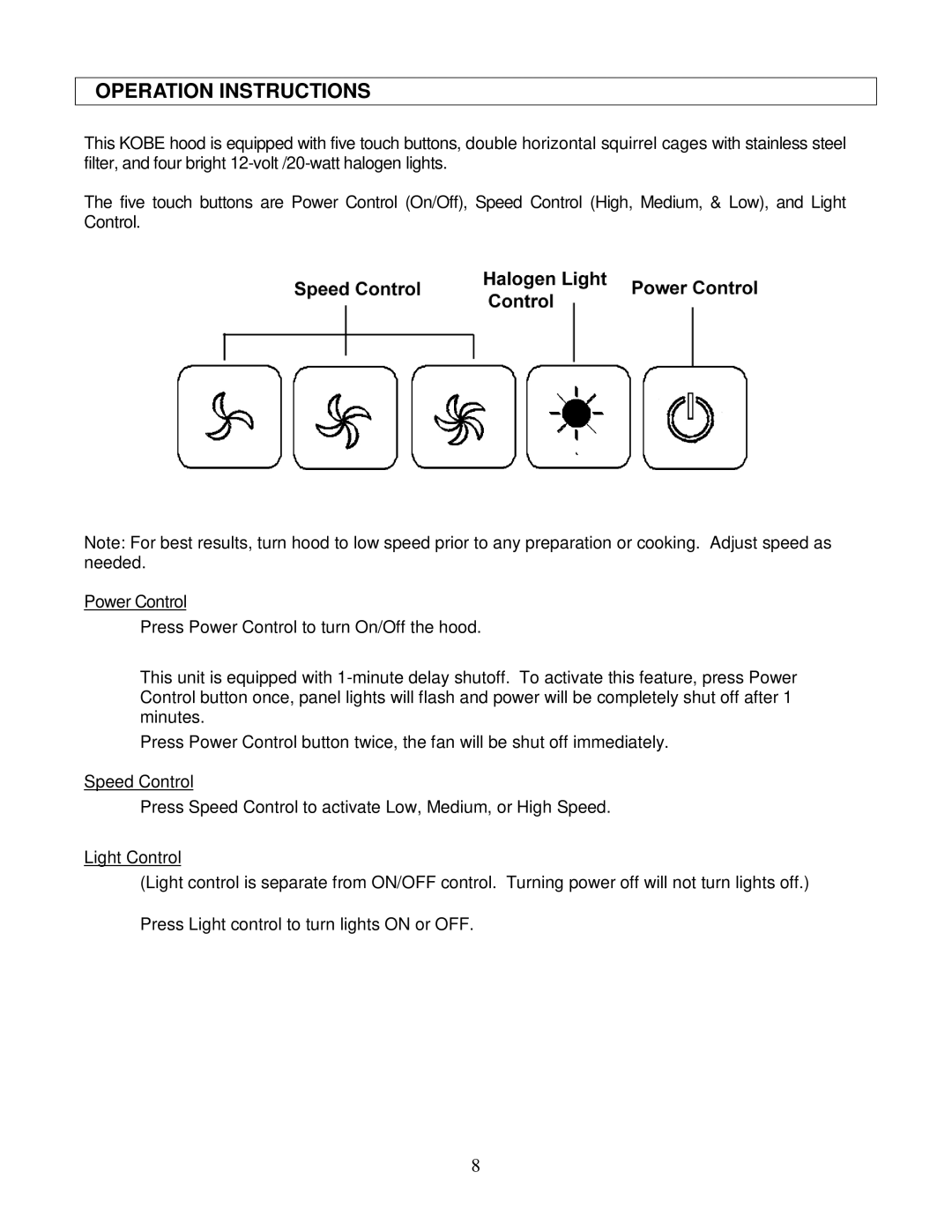 Kobe Range Hoods IS2042GS, IS2036GS manual Operation Instructions 