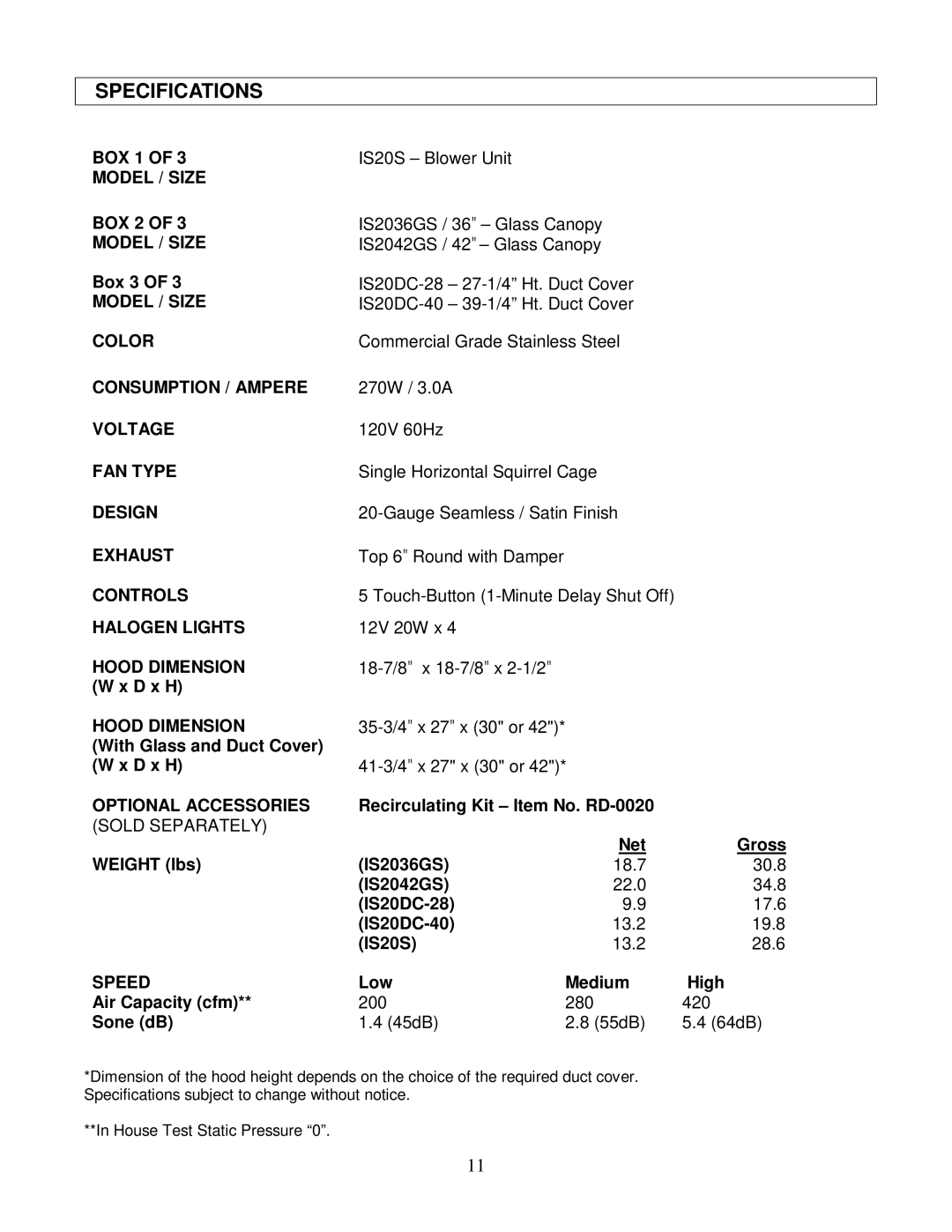 Kobe Range Hoods IS2036GS, IS2042GS manual Specifications, Model / Size, Hood Dimension, Optional Accessories, Speed 