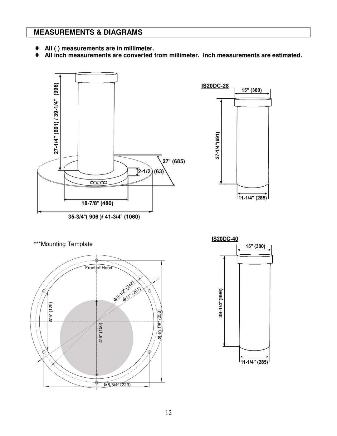 Kobe Range Hoods IS2042GS, IS2036GS manual Measurements & Diagrams 