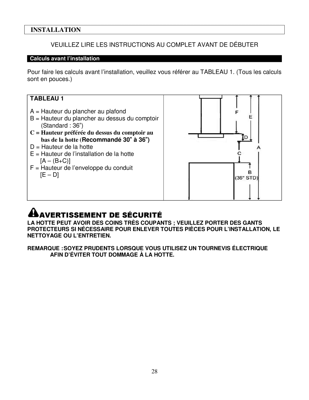 Kobe Range Hoods IS2042GS, IS2036GS manual Installation, Veuillez Lire LES Instructions AU Complet Avant DE Débuter 