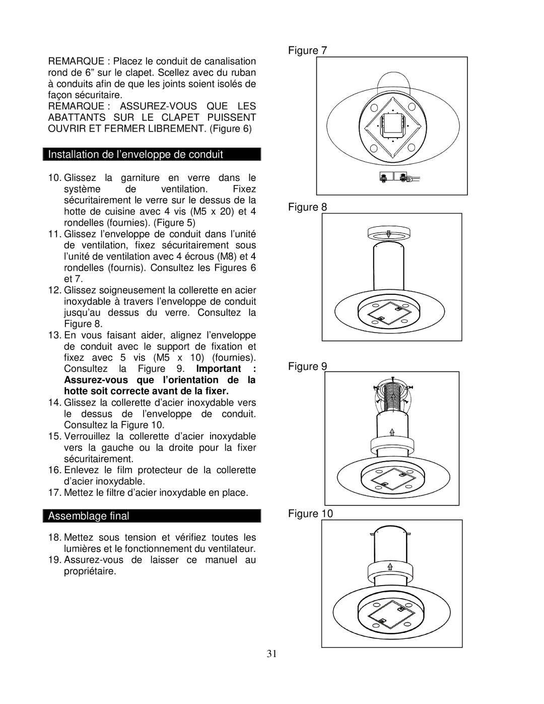 Kobe Range Hoods IS2036GS, IS2042GS manual Installation de l’enveloppe de conduit, Assemblage final 