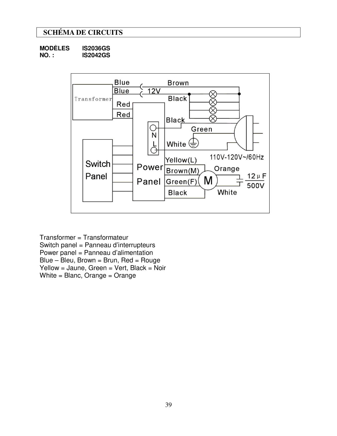 Kobe Range Hoods IS2036GS, IS2042GS manual Schéma DE Circuits 