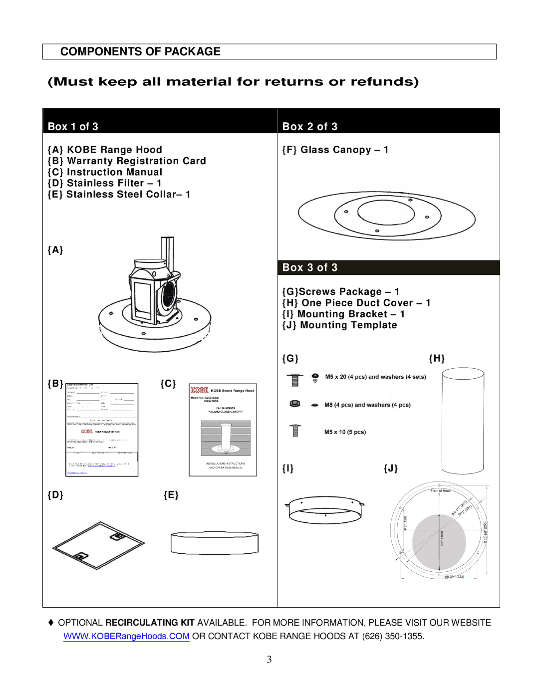 Kobe Range Hoods IS2036GS, IS2042GS manual Components of Package, Must keep all material for returns or refunds 